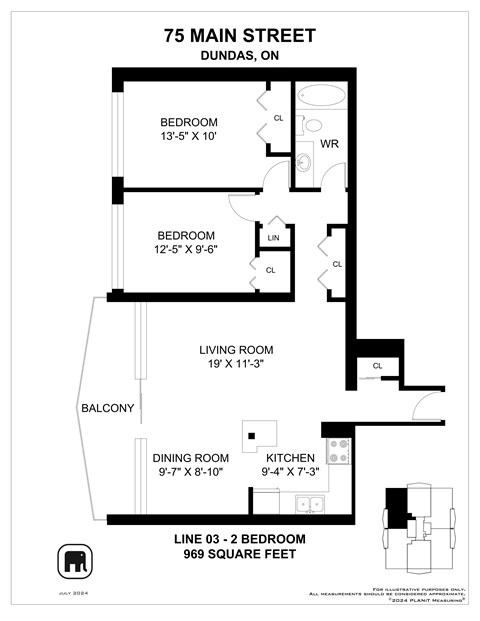 A floor plan for a 2 bedroom apartment at 75 Main Street, Dundas, ON.